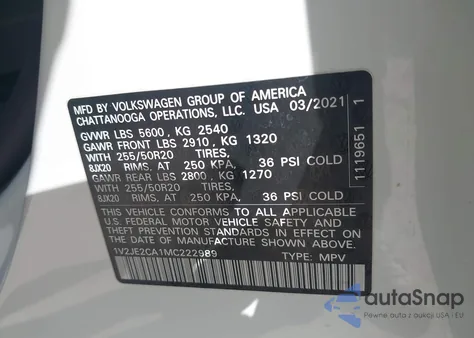 2021 Volkswagen Atlas Cross Sport 3.6L V6 Se W/Technology from USA, damaged, VIN 1V2JE2CA1MC222989